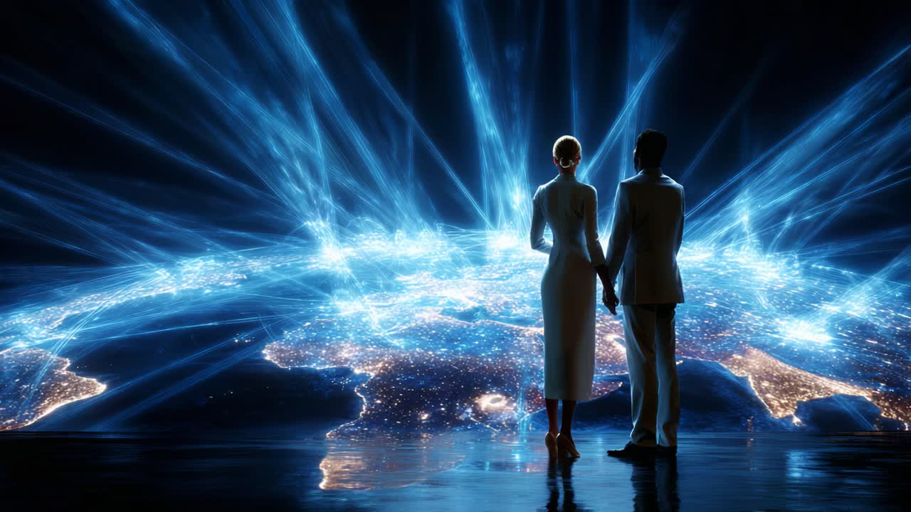 A couple stands hand in hand, gazing at a captivating view of a digitally enhanced Earth illuminated by glowing connections, symbolizing unity and technology's reach into the cosmos