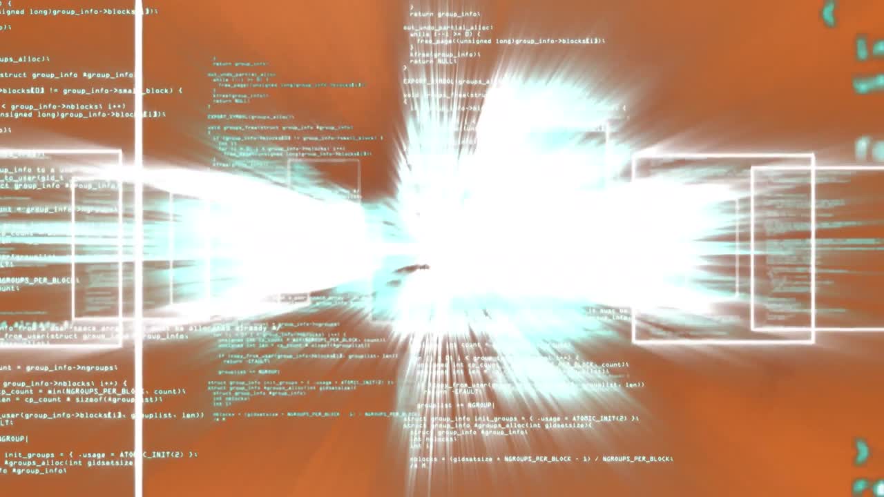 animación digital del procesamiento de datos y múltiples formas cuadradas flotando contra un fondo naranja