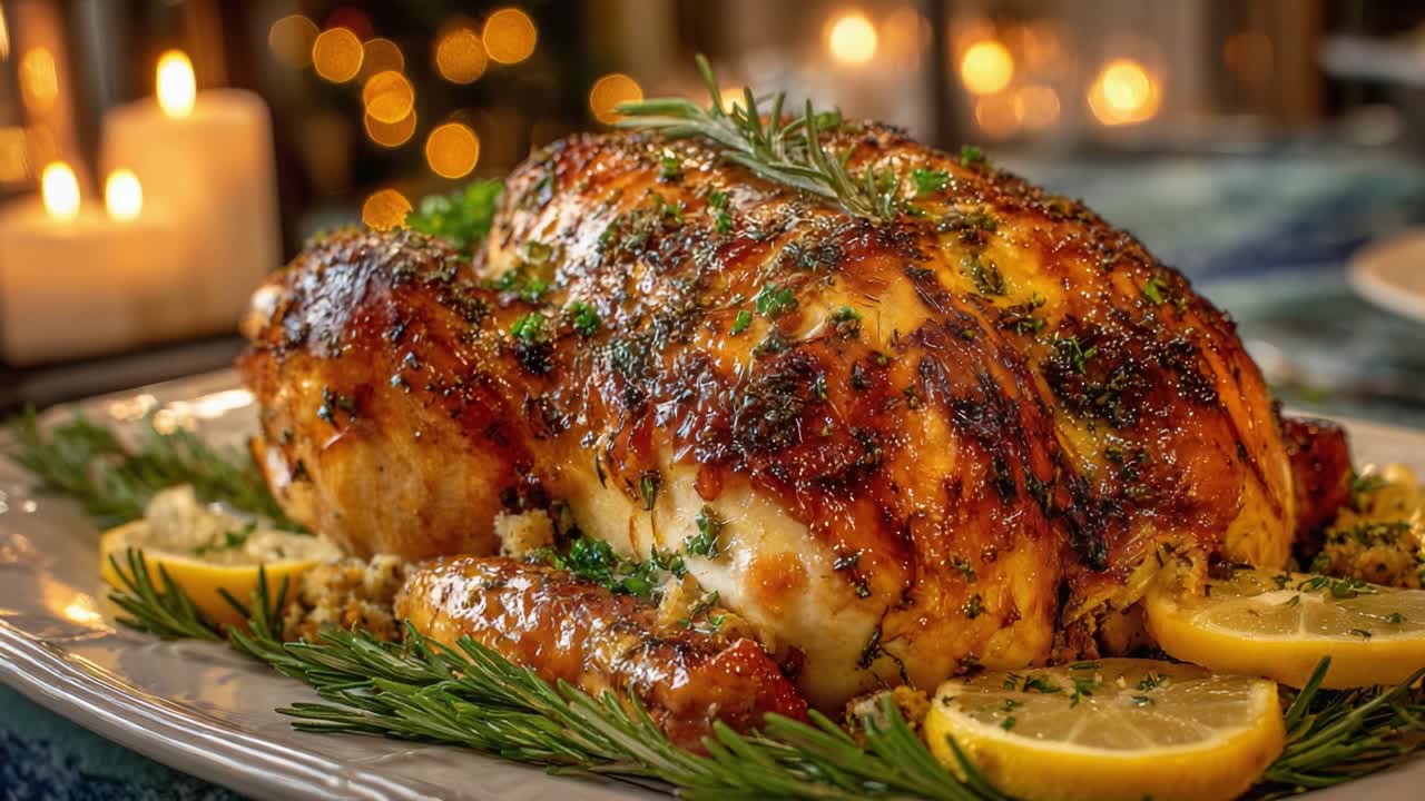 A beautifully roasted turkey garnished with fresh herbs, lemon slices, and stuffing, presented elegantly on a festive platter surrounded by a warm, inviting ambiance