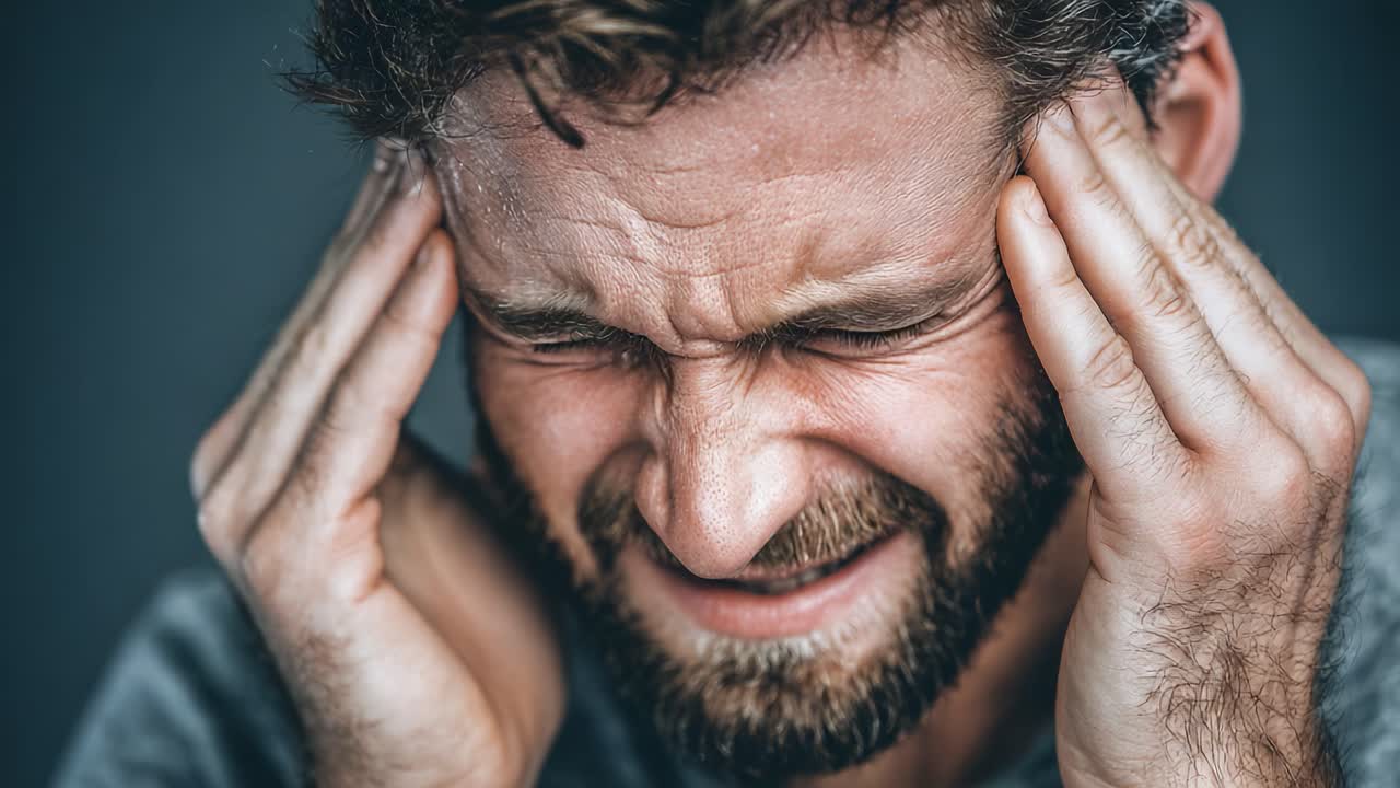 A Distressed Man Struggles with Intense Head Pain, Clearly Overwhelmed by His Discomfort, Coping with the Effects of a Severe Headache or Migraine