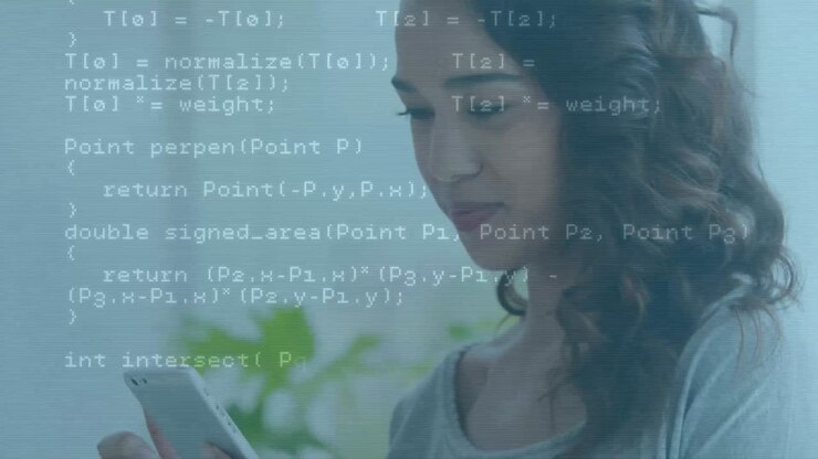 Animation of data processing over biracial woman using smartphone