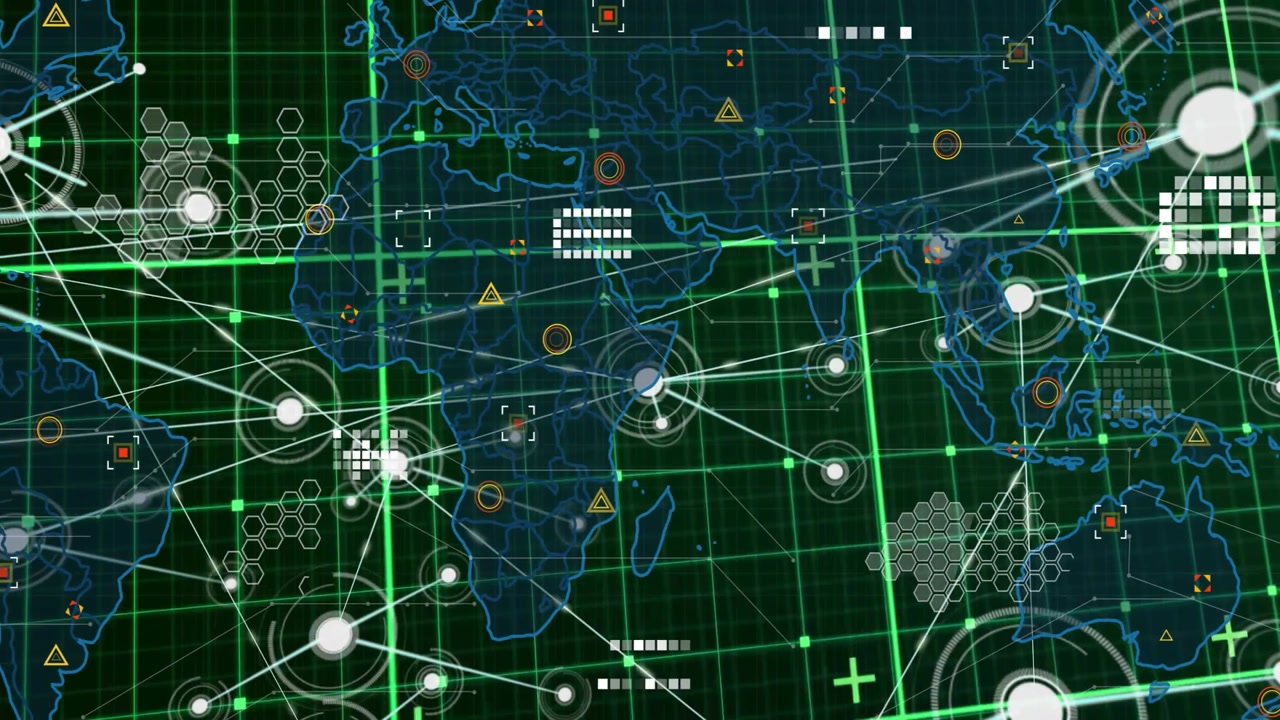 Digital grid activating white node on North America, expanding global network for data monitoring