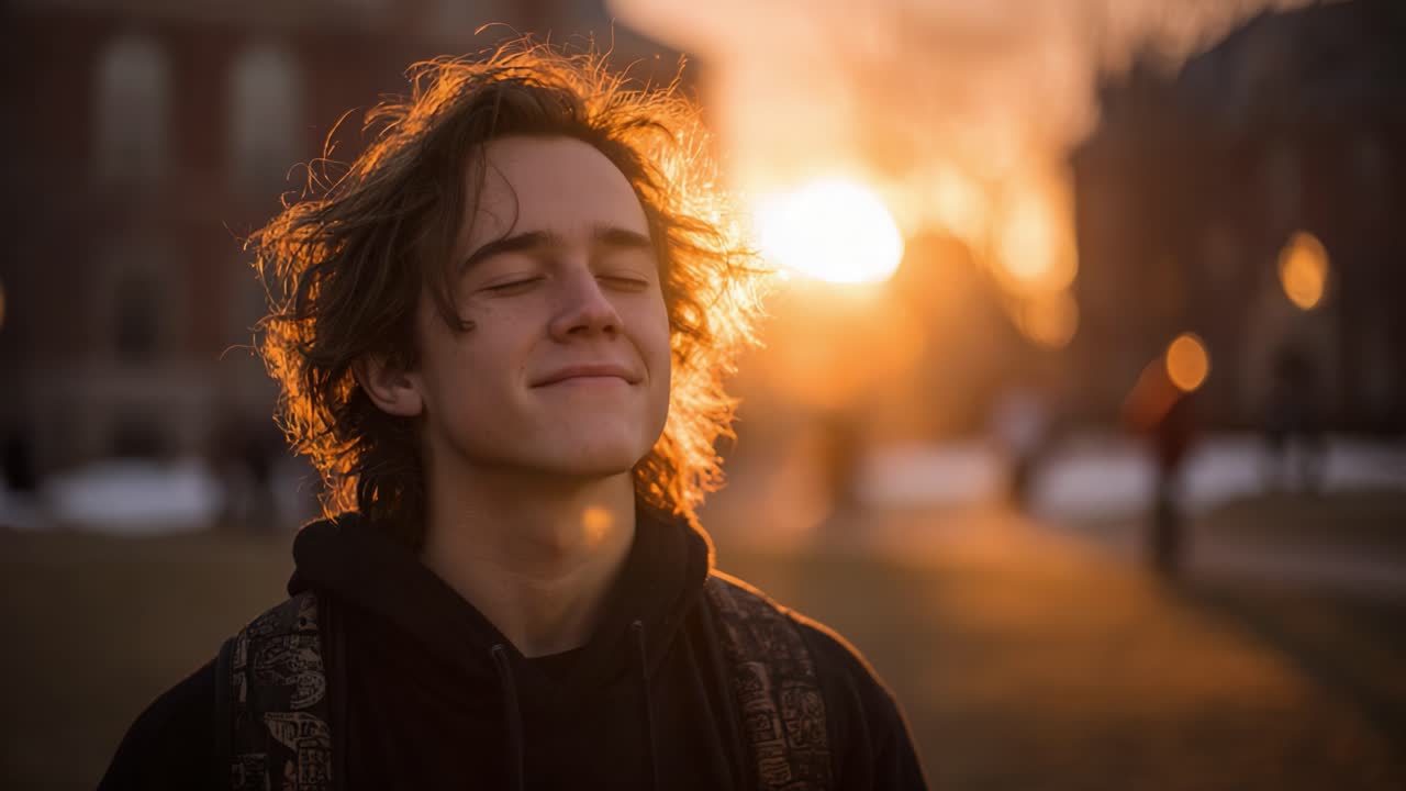 Un giovane con un sorriso soddisfatto si gode il caldo bagliore di un tramonto, catturando un momento di serenità in un bellissimo ambiente esterno.