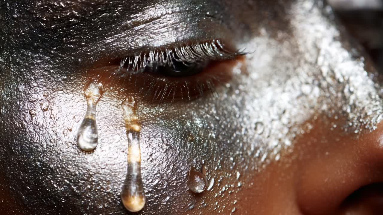 A close-up of a face adorned with shimmering metallic makeup, capturing the beauty of intricate details and emotional expression as tears glisten on the skin, blending artistry and raw emotion