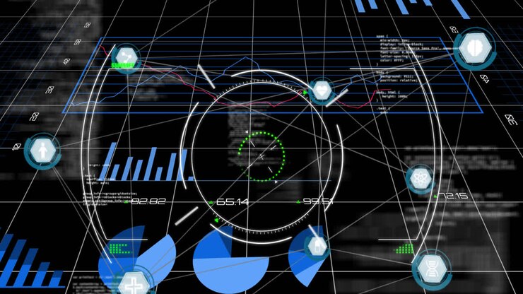 Animation of scope scanning over interface with data processing against black background