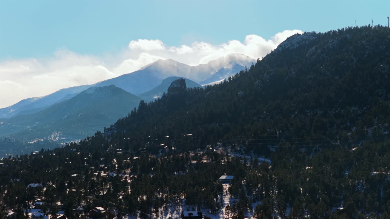 Estes Park, Longs Peak, wejście do Parku Narodowego Gór Skalistych, górskie miasteczko w Kolorado, krajobraz z drona, świeży śnieg, chmury, błękitne niebo, słoneczny, mroźny zimowy poranek, domy osiedlowe, ujęcie z drona okrążające w lewo w górę.