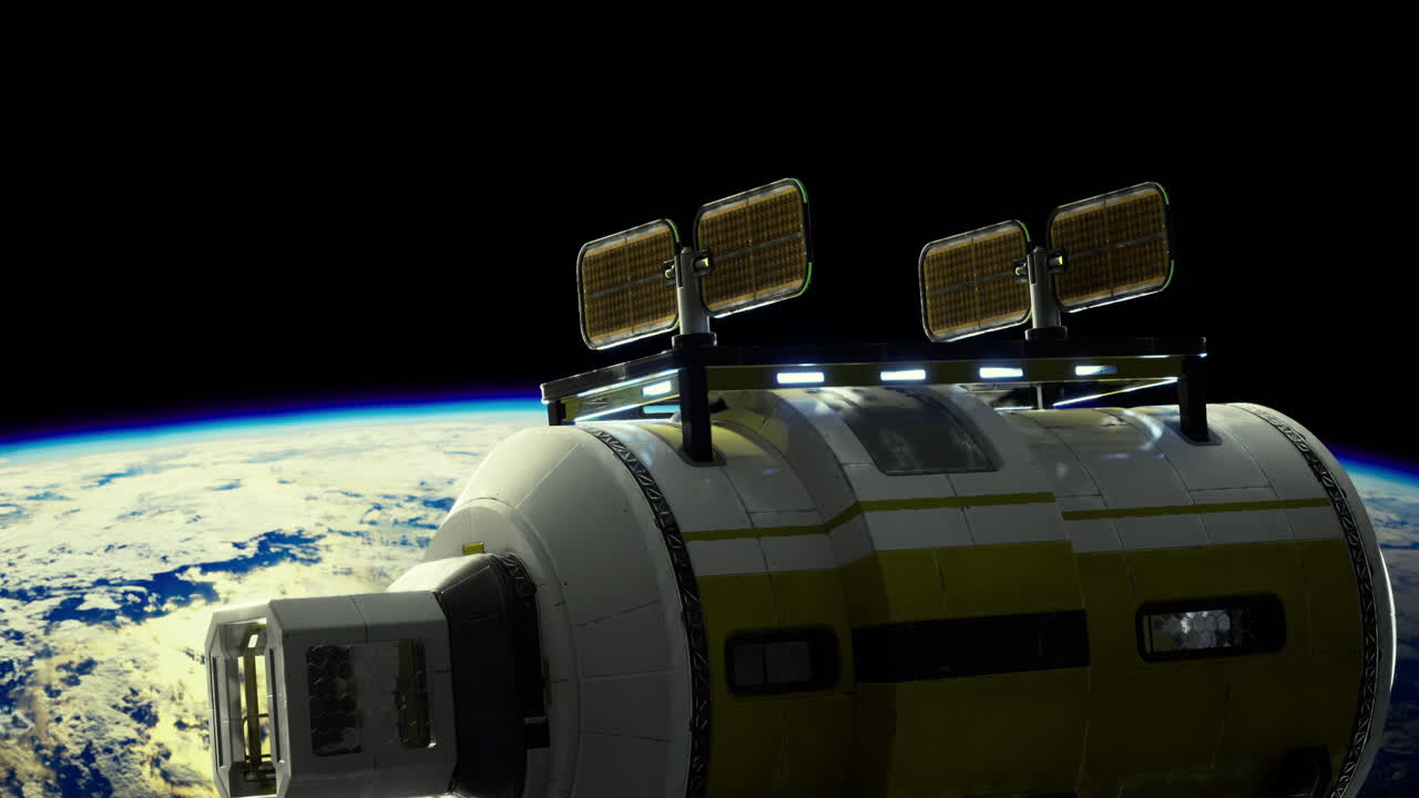 Space station orbiting earth with solar panels and vibrant planet details
