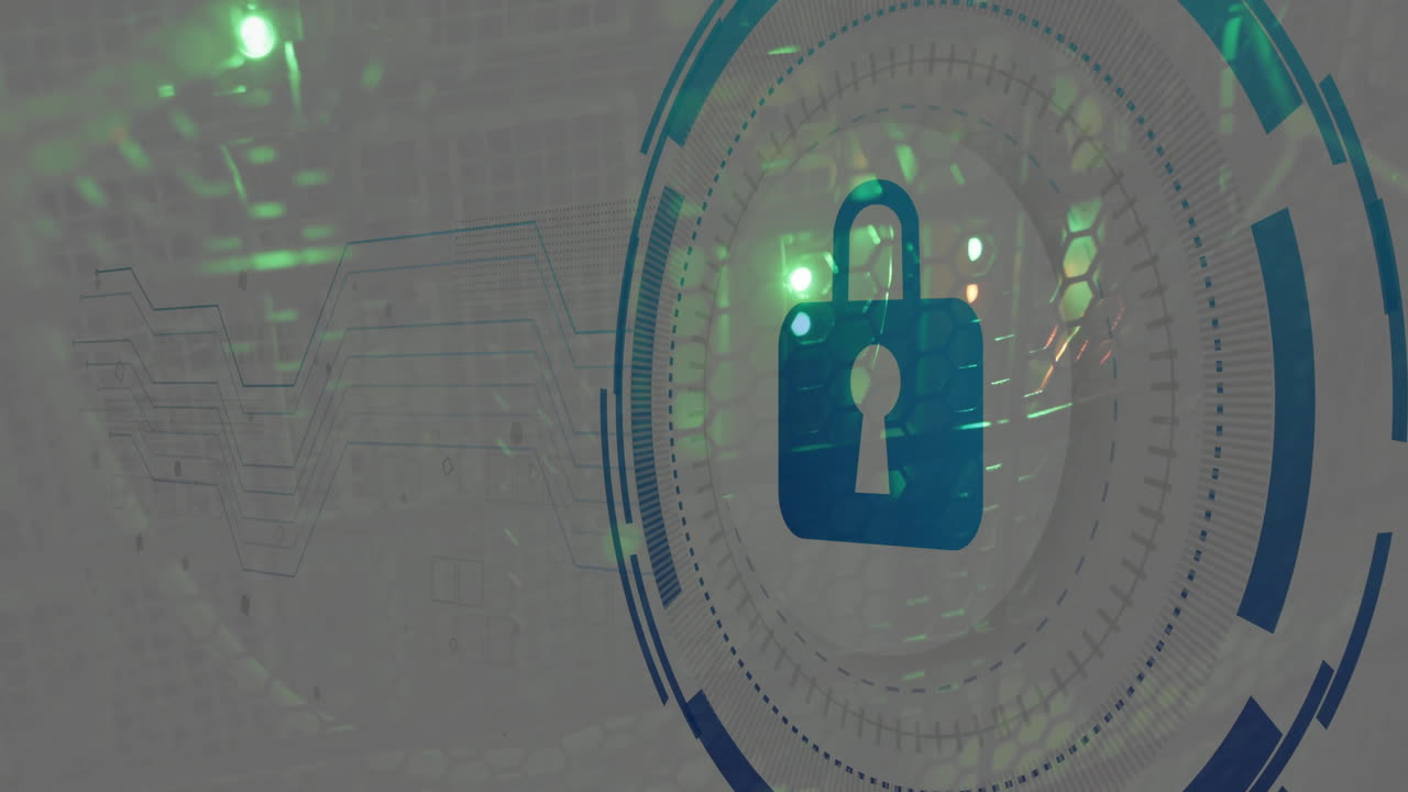 animación de escaneo de alcance con icono de candado sobre la sala del servidor