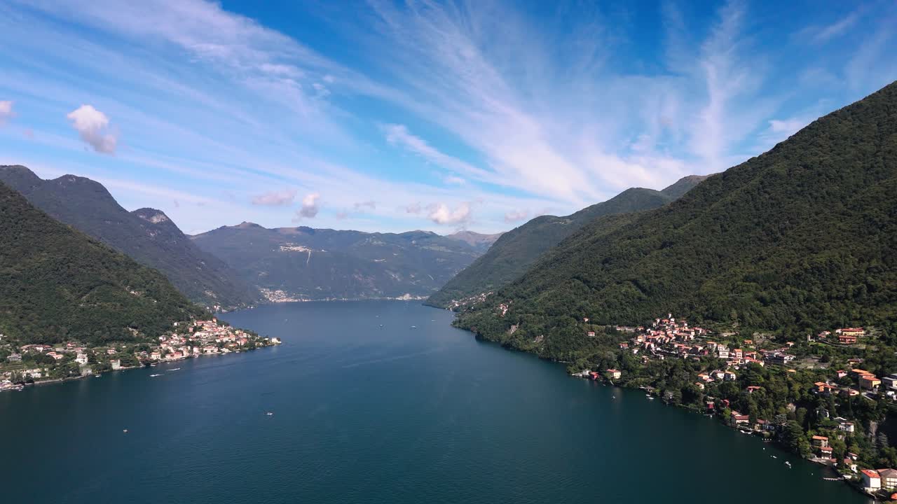 Fly sideways across Lake Como, Italy