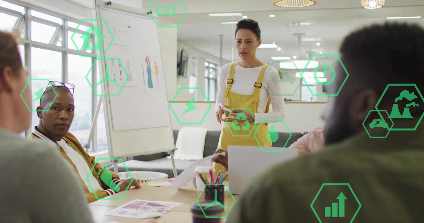 Colleague gesturing woman presenter guiding design at flipchart animated hexagons overlaying scene