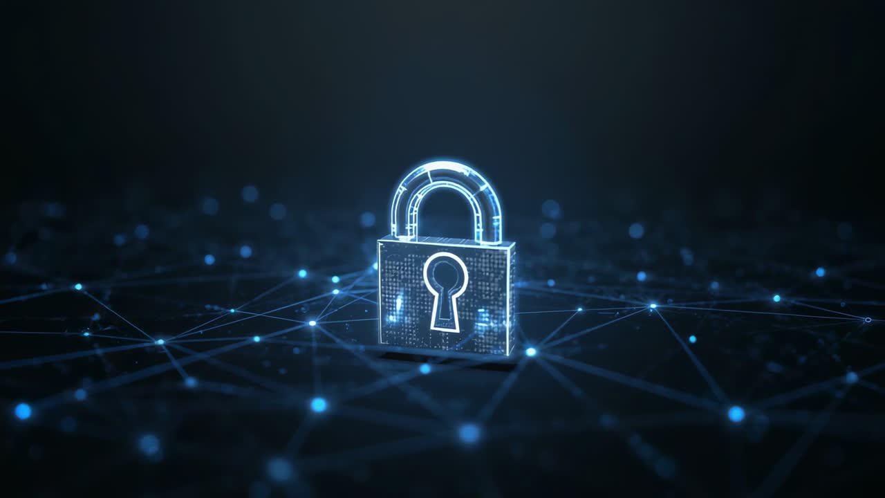 Pulsing holographic padlock intensifying glow on cyber plane after light shift, signaling data flow