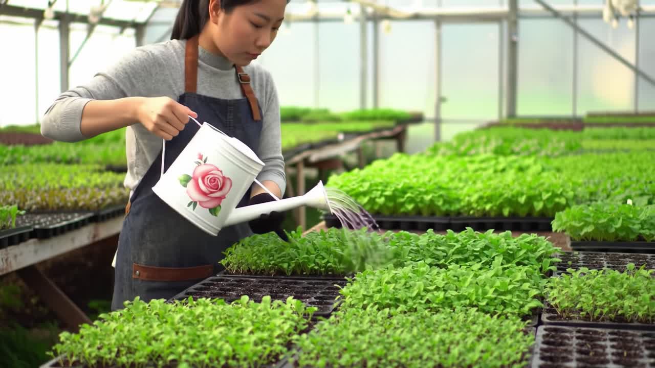 A Dedicated Gardener Watering Young Plants in a Vibrant Greenhouse, Cultivating Fresh Growth and Nurturing Nature's Bounty with Care and Attention