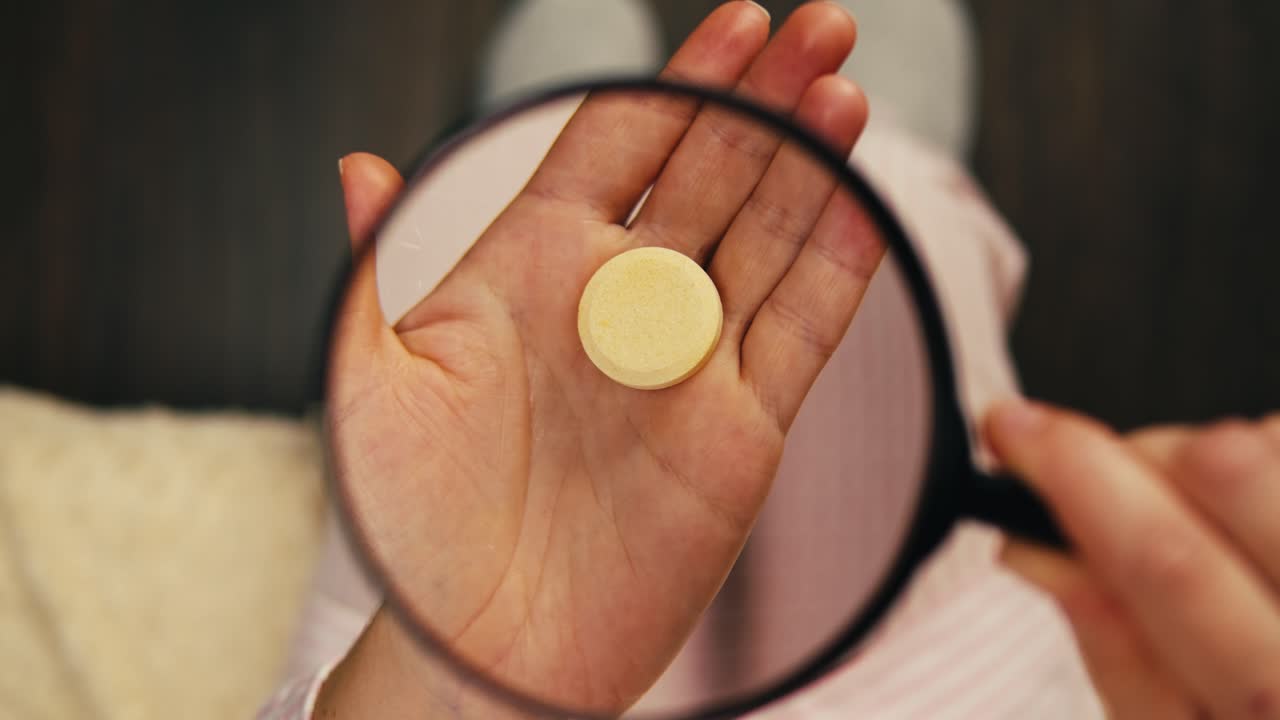 확대 유리 에서 약을 검사하는 것