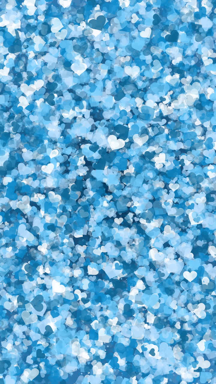Animated movement and flickering of small confetti made of blue hearts. Looped festive animation. Vertical video.