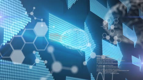 animation of glowing arrows, human brain and medical data processing
