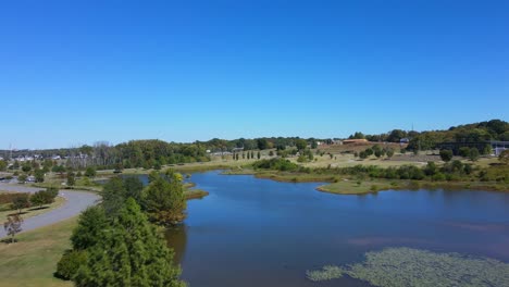 Drone-shot-over-the-fishing-lake-toward-the-Marina-of-Clakrsville