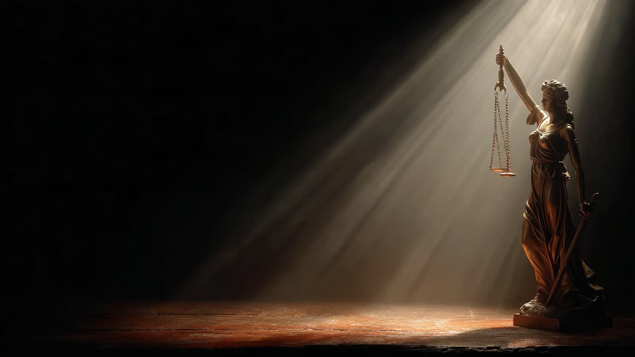 An Elegant Representation of Justice: A Statue Holding Scales in Ethereal Light Symbolizing Fairness and Law in a Dimly Lit Environment