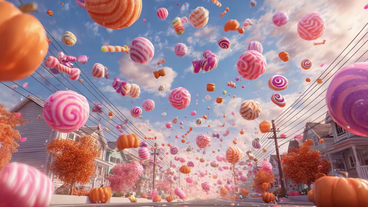 A Whimsical Autumn Scene Filled with Colorful Floating Candies and Pumpkins in a Charming Neighborhood Under a Vibrant Sky