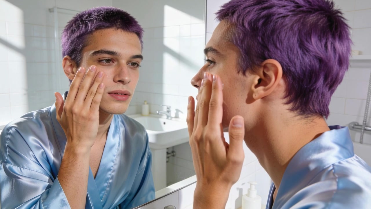 Di fronte allo specchio, uomo in accappatoio blu che applica crema sulla guancia al lavandino del bagno per la cura della pelle.