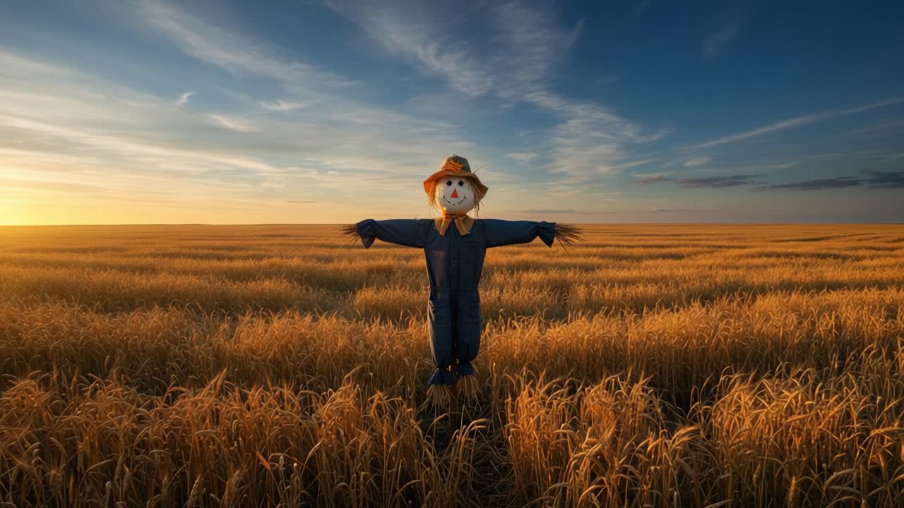A solitary scarecrow stands proudly amidst a golden field of wheat, basking in the warm glow of the sunset, embodying the essence of rural agriculture and nature's beauty