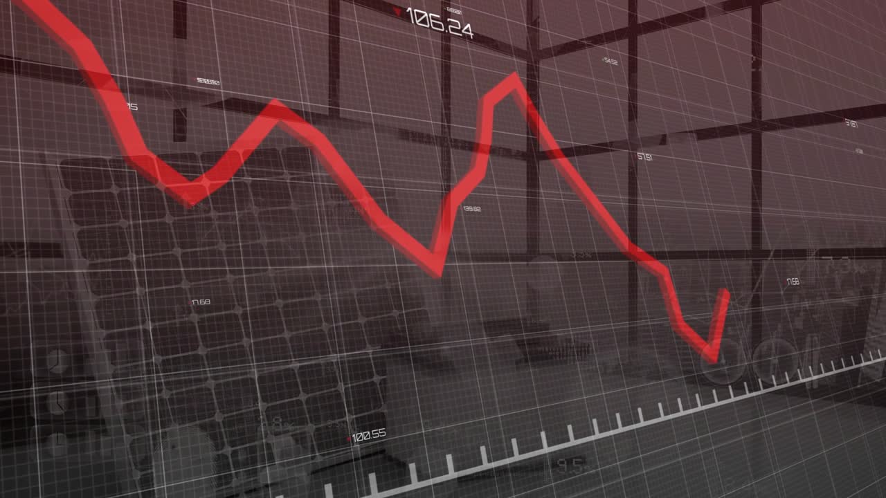 Entering from top left, red trend line dipping, surging, plunging to show data volatility