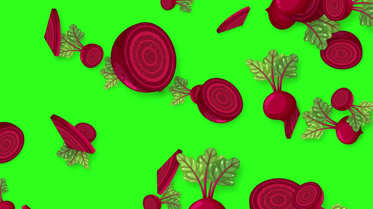 Grafisk animation af hele og skivede rødbeder, der falder ned mod en lys grøn skærmbaggrund.