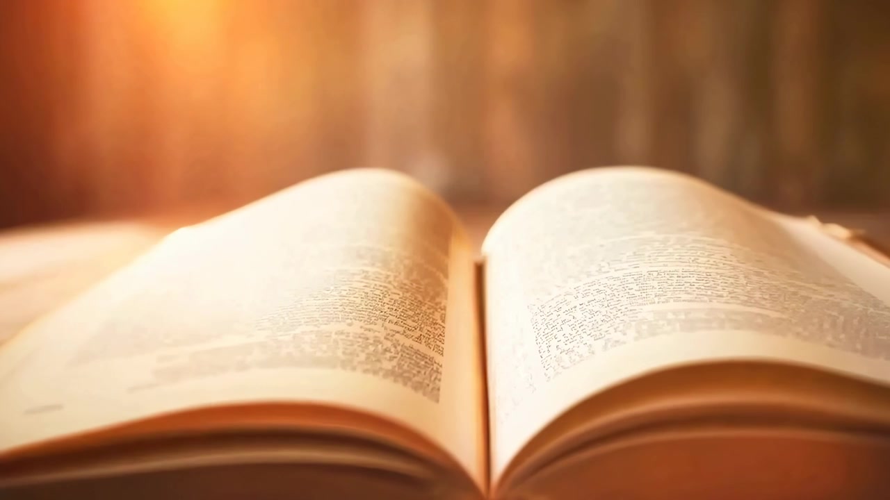 Nahaufnahme eines offenen alten Buches auf einem Holztisch mit warmem Licht