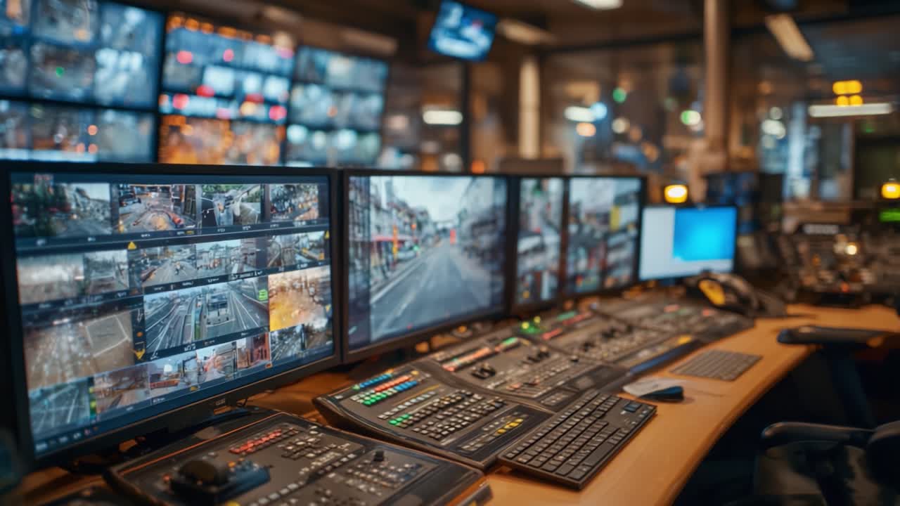 A Modern Surveillance Control Room Equipped with Multiple Monitors Displaying Live Feeds from Various Cameras in a Busy Urban Environment