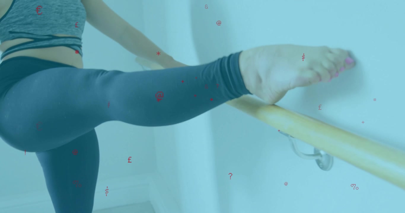 Shifting weight onto left leg, dancer flexing ankle and lifting right leg onto barre for fitness