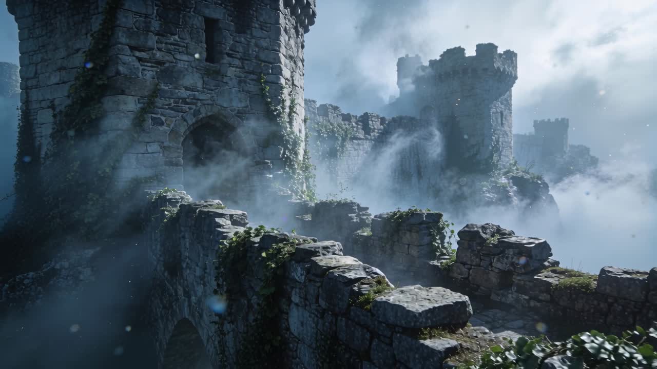 Telecamera che si avvicina a un castello in rovina su una scogliera, facendo una panoramica lenta che rivela un parapetto avvolto nella nebbia, evidenziandone l'età.