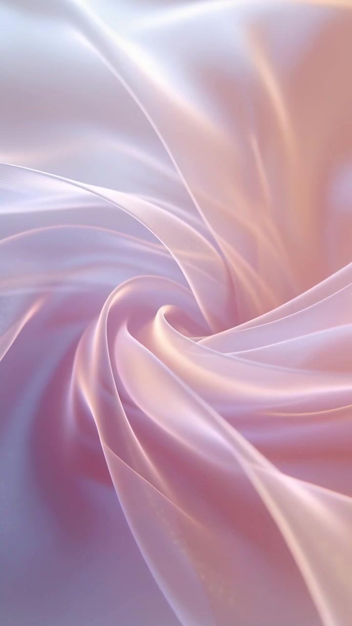 Vidéo verticale : Partant de plis, un tissu de soie s'enroulant vers l'intérieur en macro art avec des reflets nacrés.