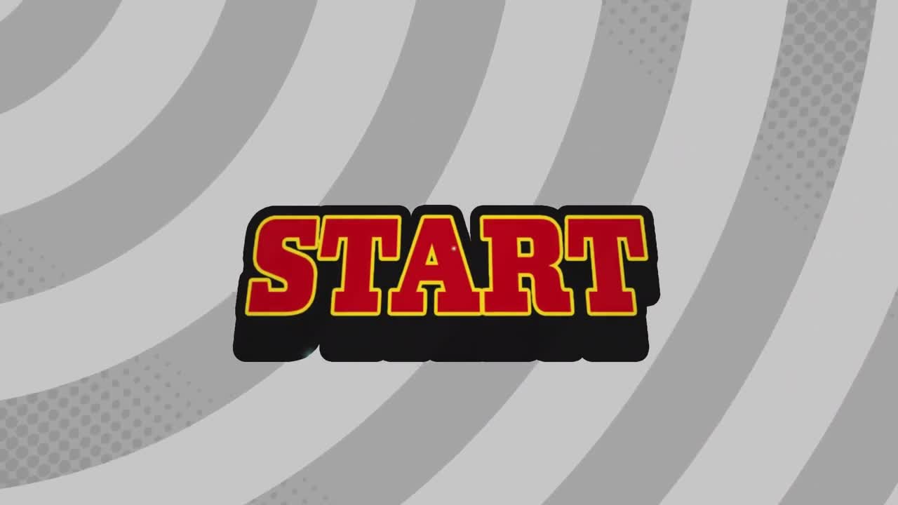 animación del texto de inicio sobre una burbuja de habla retro contra un fondo radial gris