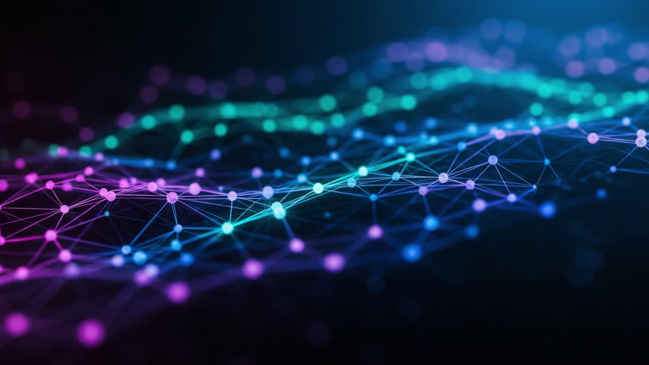 A Stunning Visualization of Abstract Data Structures: Vibrant Neon Waves Representing Complex Connections in a Digital Network