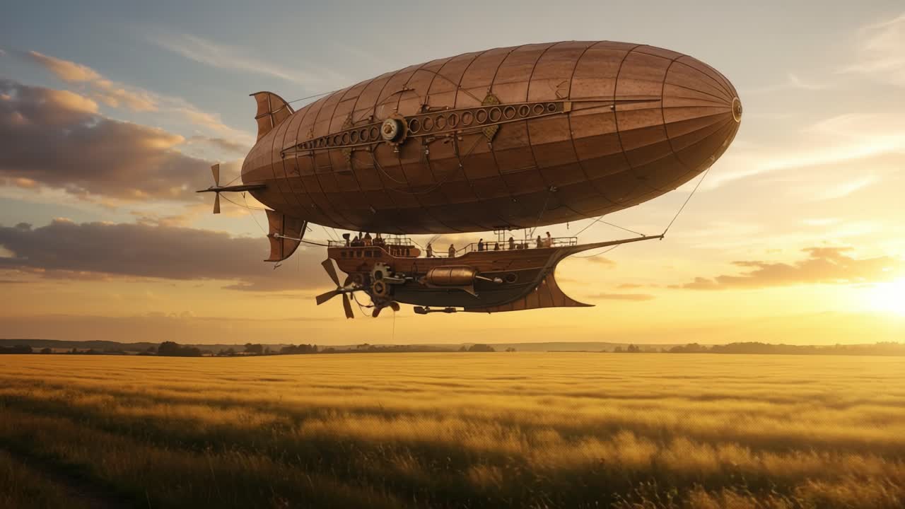 A Majestic Steampunk Airship Soars Through a Golden Sunset Over Expansive Fields, Blending Imagination and Adventure in a Fantasy World of Flying Machines