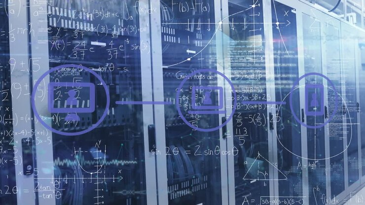 Animation of network of digital icons, data processing, mathematical equations against server room