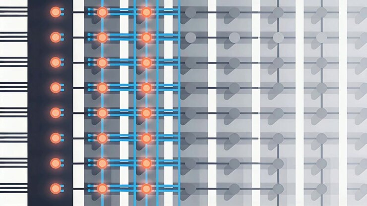 Reticolo di nodi sinistro che si illumina con tracce blu che guidano i movimenti del braccio pivot attraverso lo schema