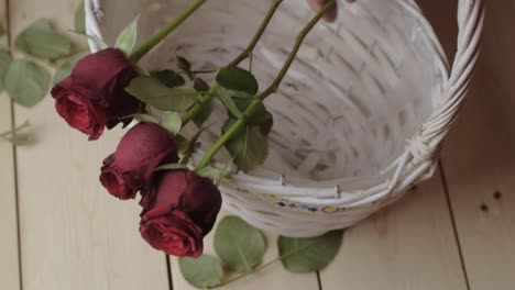 placing  bouquet of red roses on a basket