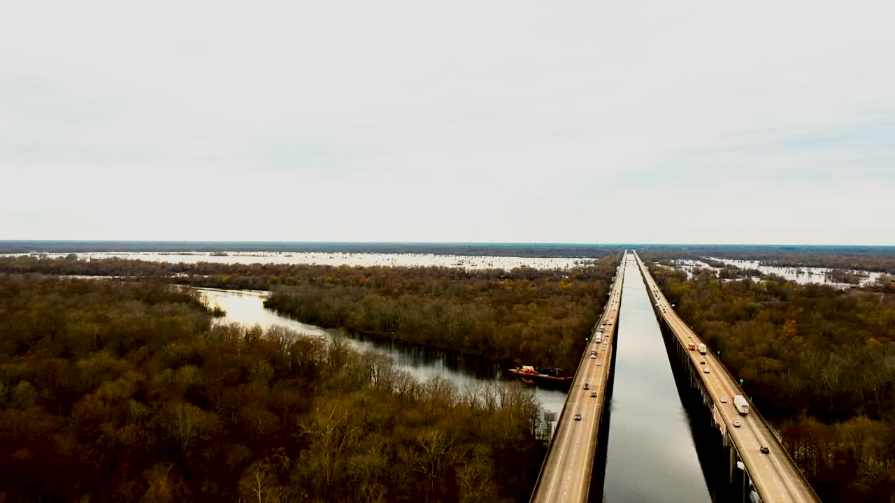 Drone footage of Atchafalaya National Heritage Area in Louisiana near interstate 10