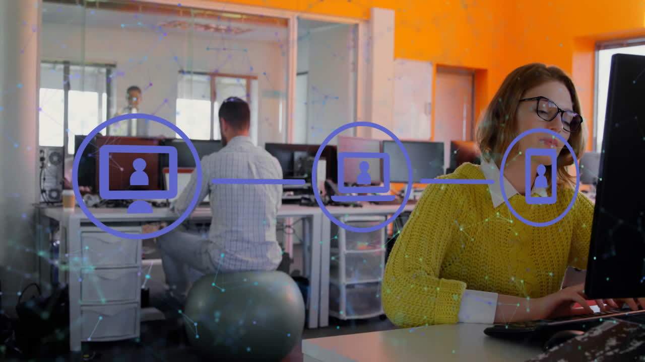 Network of connections animation over people working at computers in modern office