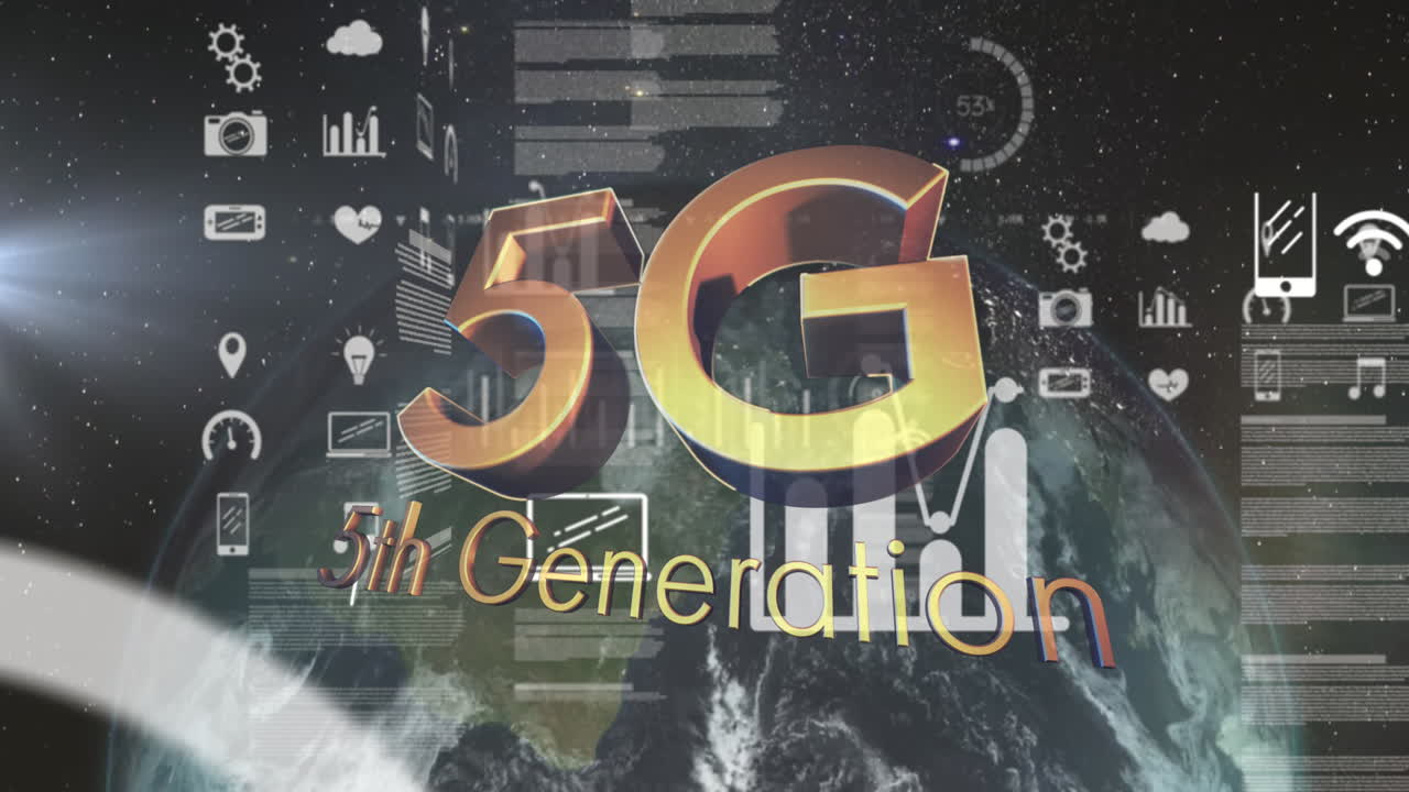 texto 5g y múltiples iconos digitales flotando contra el globo giratorio en fondo negro