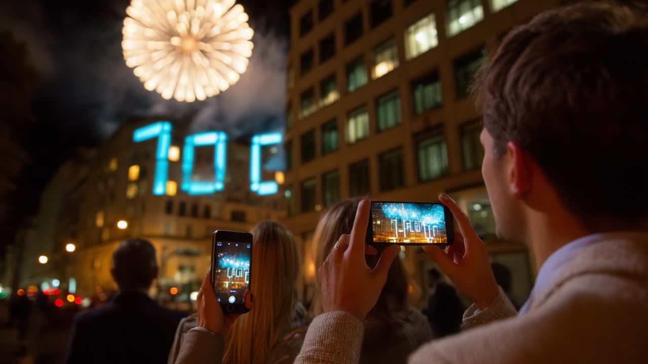 A captivating night scene of spectators capturing a dazzling fireworks display against a backdrop of vibrant illuminated numbers, showcasing excitement and celebration in a festive atmosphere