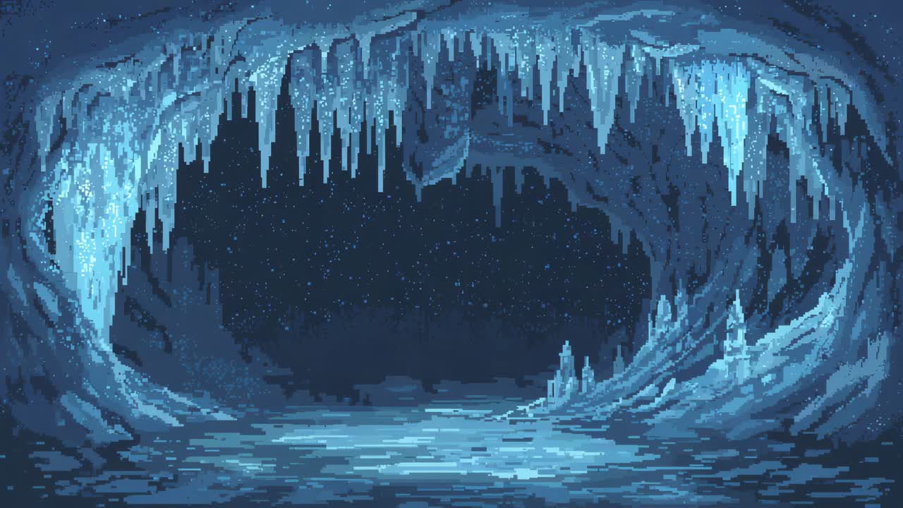 Reacting to rising highlights, central frozen cave mouth pulsing with icicle sparkles, pixel-art