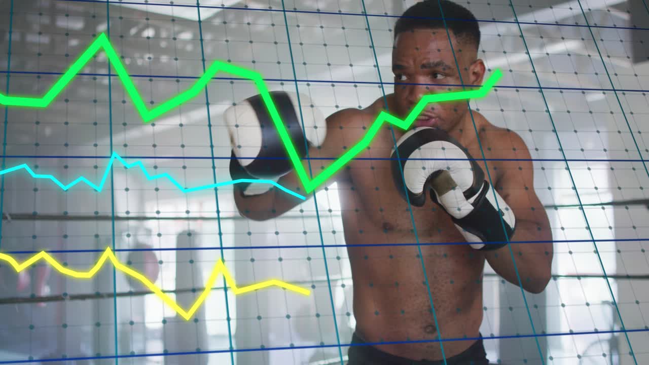 Boxer starting training, throwing jabs, guarding, grid and graphs crossing gloves for performance