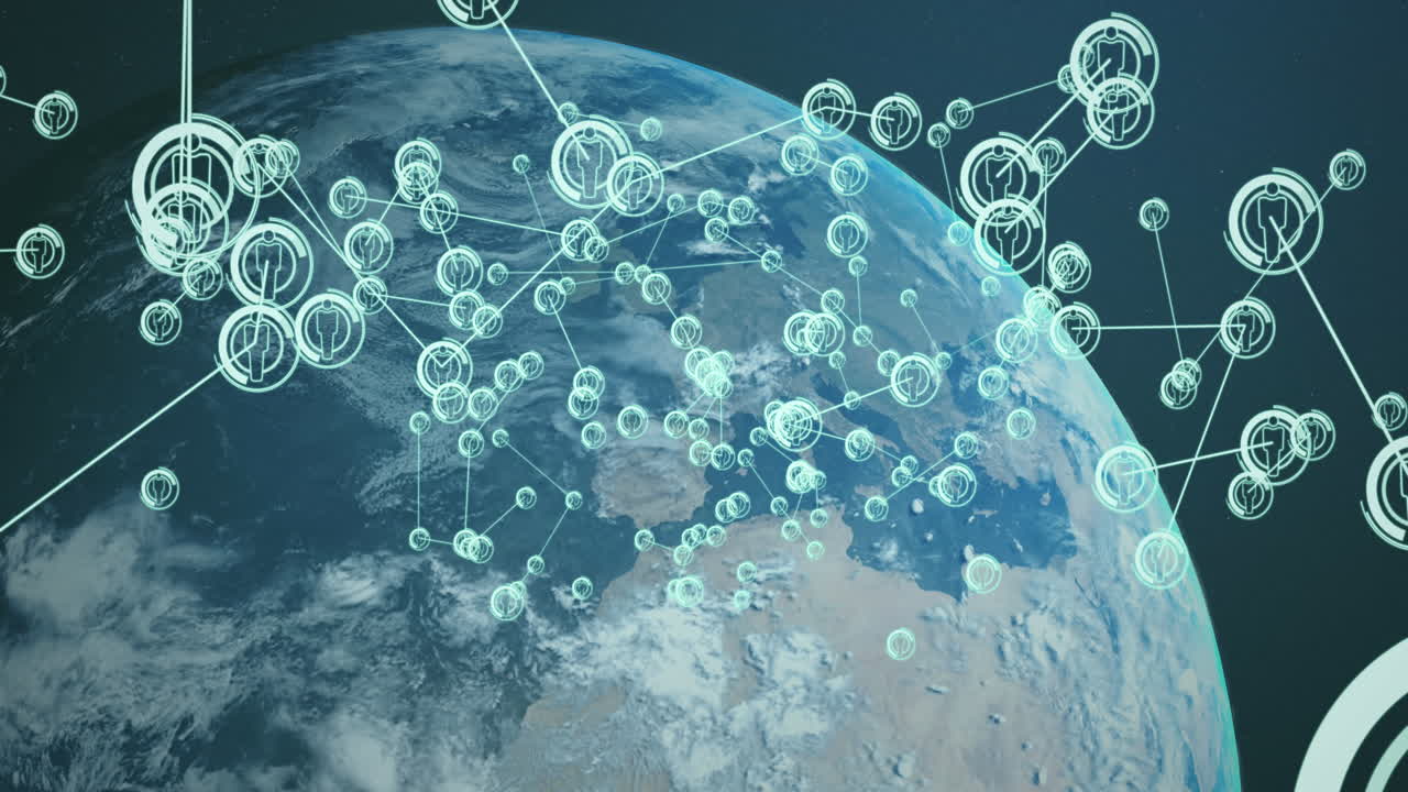 추상적인 배경에 대한 지구상의 선으로 연결된 아이콘의 애니메이션