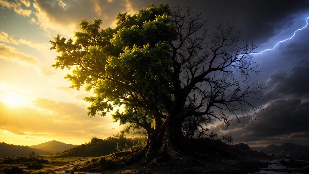 Dualidade da Natureza: Árvore com Luz Solar e Relâmpagos de Tempestade