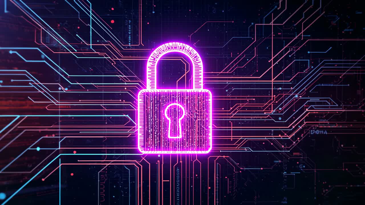 Emerging neon pink padlock icon pulsing circuits in cyberspace streaming binary code securing data