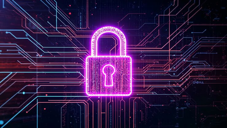 Emerging neon pink padlock icon pulsing circuits in cyberspace streaming binary code securing data