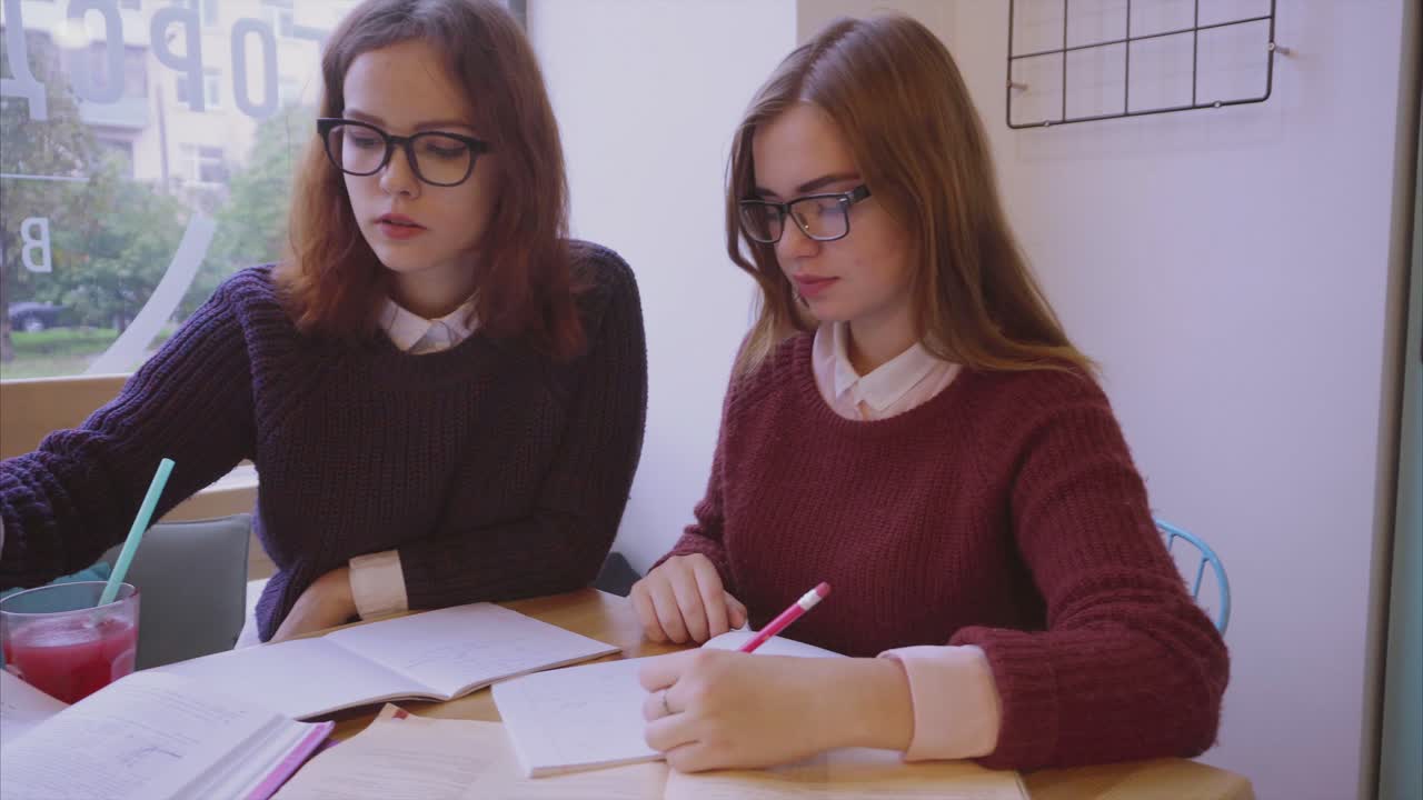 Two girls studying in a cafe