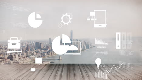 animation von geschäftsikonen und diagrammen über stadtbild
