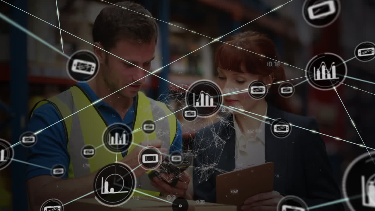 animación de una red de conexiones con iconos sobre un hombre y una mujer caucásicos trabajando en un almacén.